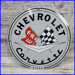 11 Round CHEVROLET CORVETTE Flags Porcelain Sign GM Dealership Gas Oil Vintage