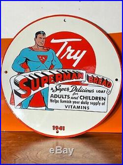 1941''superman Bread'' Gas & Oil Pump Plate Porcelain 12 Inch''super Man'