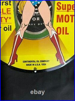 1954 Conoco Super Motors Oil Wonder Women Porcelain Enamel Pinup Sign