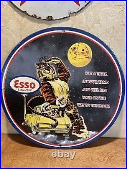 1959 Vintage''esso'' Gas & Oil Pump Plate 12 Inch Porcelain Sign Made In USA