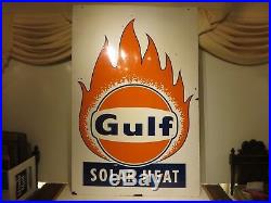 38x57 original 1960 antique Gulf Solar Heat Porcelain Sign Oil Gas Advertising