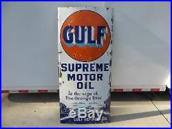 5x2 ft. Rare antique org. Gulf Supreme Motor Oil withCar Graphic porcelain sign