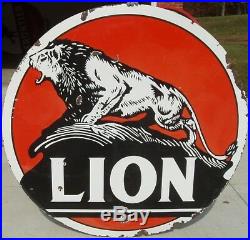 6ft. 72 RARE early antq. Org. 1920 white boarder Lion Gas & Oil Porcelain Sign