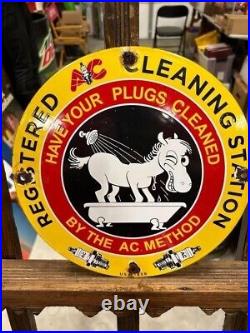 AC Spark plugs Cleaning Station 12 Round Porcelain Sign