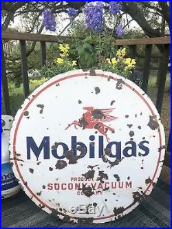 Antique Porcelain 30 Round Mobilgas Oil Advertising Sign Pegasus double sided