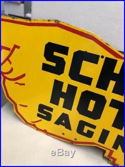 Antique Schuch Hotel Saginaw Die cut PORCELAIN SIGN Rare! Michigan Gas Oil