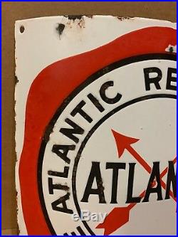 Atlantic Porcelain Pump Plate Sign Vintage Original Curved Fried Egg Gas Oil