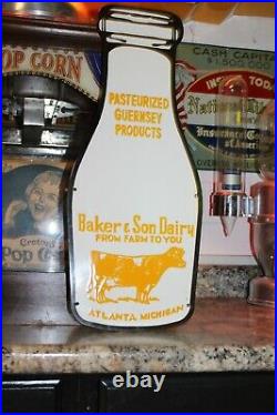 Baker & Son Dairy Atlanta Michigan Porcelain Metal Sign Gas Oil Farm Cow Bottle
