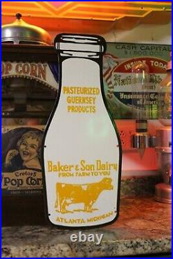 Baker & Son Dairy Atlanta Michigan Porcelain Metal Sign Gas Oil Farm Cow Bottle