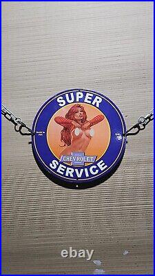 Chevrolet Super Service Porcelain Naked Girl Pinup Garage Service Gas Oil Sign