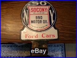 FROM MUSEUM Early 1900's 2-sided SOCONY OIL LUBESTER Porcelain Sign withBracket