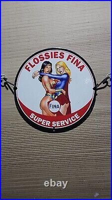 Flossie's Fina Super Service Porcelain Wonder Women Supergirl Oil Gas Pump Sign