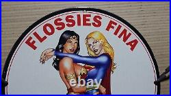 Flossie's Fina Super Service Porcelain Wonder Women Supergirl Oil Gas Pump Sign