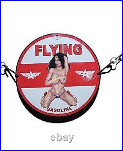 Flying A Gasoline Porcelain Wonder Women Naked Pinup Garage Gas Oil Service Sign
