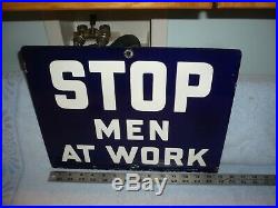 Great original porcelain sign STOP MEN AT WORK bethlehem steel pa see reverse