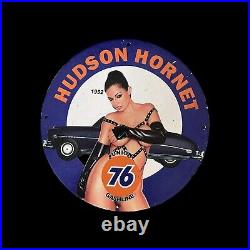 Hudson Hornet Naked Pinup Girl Oil Gas Garage Porcelain Enamel Metal Plate Sign