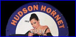 Hudson Hornet Naked Pinup Girl Oil Gas Garage Porcelain Enamel Metal Plate Sign