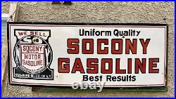 Huge 60 X 24 Socony Gasoline Porcelain Sign Clean Gas & Oil Garage Shop