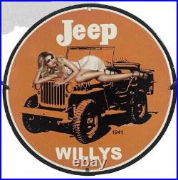 Jeep Willys Porcelain Enamel Pinup Babe Gas Oil Garage Service Pump Plate Sign