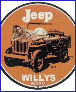 Jeep Willys Porcelain Enamel Pinup Babe Gas Oil Garage Service Pump Plate Sign
