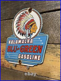 Kalamalka Gasoline Vintage Porcelain Sign Indian Fuel Station Gas & Motor Oil