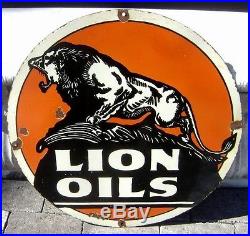 LION OILS SIGN. Gas station porcelain oil cat lyon gas