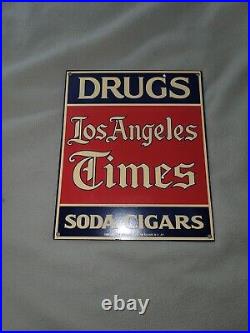 LOS ANGELES TIMES Newspaper Soda Cigars Drug Store Porcelain Metal Gas Oil Sign