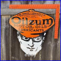 Large 24 OILZUM MOTOR OIL Die-Cut Metal Porcelain Enamel Advert Oil Gas Sign