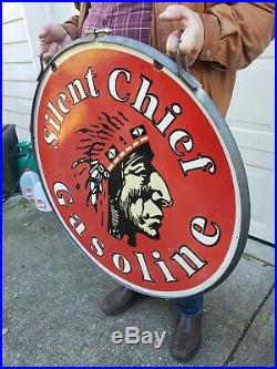 Large Old Used 1940's Silent Chief Gasoline Double Sided Porcelain Sign