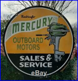 Large Old Used 1950's Mercury Outboard Motors Double Sided Porcelain Metal Sign