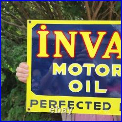 Large Old Vintage Invader Motor Oil Gasoline Porcelain Heavy Metal Gas Sign