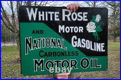 Large Old Vintage White Rose Gasoline Motor Oil Porcelain Heavy Metal Gas Sign