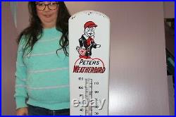 Large Peter's Weatherbird Shoes Gas Oil 39 Porcelain Metal Thermometer Sign