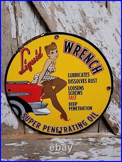 Liquid Wrench Porcelain Sign Hardware Tools Woman Gas Oil Service Garage Repair