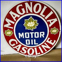 Magnolia Gasoline Motor Oil Advertising Porcelain Enamel Sign 30 x 30 Inches