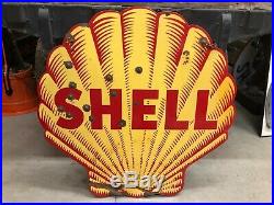 ORIGINAL Antique SHELL Gas Oil Tiger Stripe Double sided PORCELAIN Sign 48 RARE