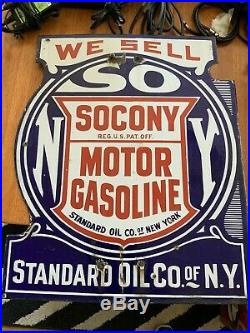 ORIGINAL STANDARD OIL CO. N. Y. SOCONY GASOLINE PORCELAIN STEEL FLANGE SIGN 20x24