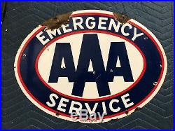 ORIGINAL VinTagE AAA EMERGENCY SERVICE Sign PORCELAIN 2 Sided Gas Oil OLD Decor