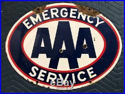 ORIGINAL VinTagE AAA EMERGENCY SERVICE Sign PORCELAIN 2 Sided Gas Oil OLD Decor
