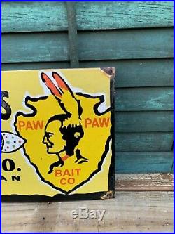 Old Paw Paw Bait Co. Fishing Lures Porcelain Gas Station Pump Sign Michigan