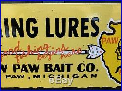 Old Paw Paw Bait Co. Fishing Lures Porcelain Gas Station Pump Sign Michigan