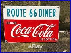 Old Vintage Porcelain US Route 66 Diner Gas Coca Cola General Store Service Sign