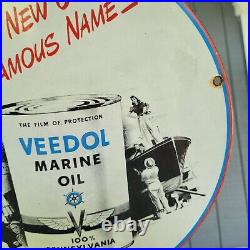 Old Vintage Veedol Marine Motor Oil Porcelain Enamel Gas Station Pump Sign