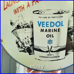 Old Vintage Veedol Marine Motor Oil Porcelain Enamel Gas Station Pump Sign