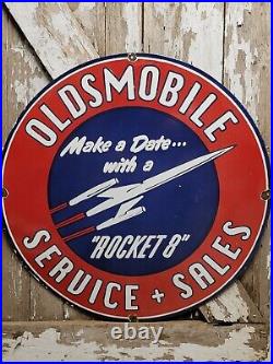 Oldsmobile Vintage Porcelain Sign 30 Large Sales Service Rocket 8 Car Gas & Oil