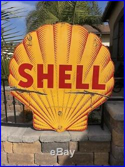 Original 48 Tiger Stripe SHELL Gas Service Station Double Sided Porcelain Sign