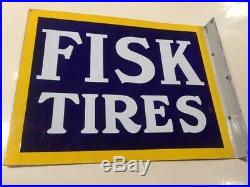 Original Fisk Tires Porcelain Steel Flange Sign 26x20 Gas & Oil Station