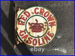 Original Flanged Red Crown Gasoline Porcelain Steel Double Sided 25 1/2 Sign