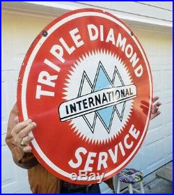 Original International Harvester Triple Diamond Porcelain Sign 2 Sided Gas & Oil