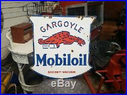 Original Mobil Oil Gargoyle Socony Porcelain Double Sided Sign Gas Oil Dealer